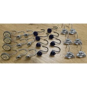 Lot of 24 Metal Resin Shower Curtain Hooks Leaf Purple Roses Wooden Tree Ring